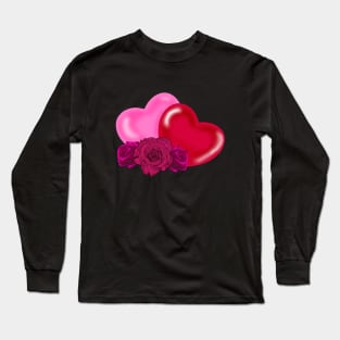 Pink Heart and Red Heart with pink roses Long Sleeve T-Shirt